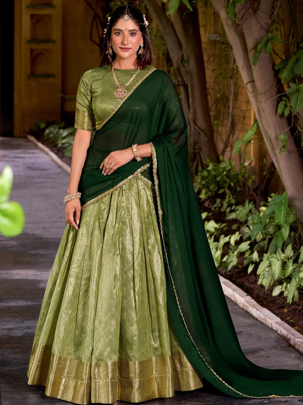 Green Silk Zari Weaving Festive Half Saree Lehenga Choli