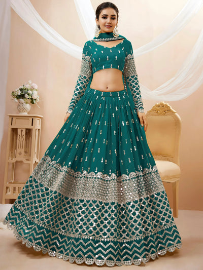 Teal Blue Zari Work Georgette Wedding Lehenga Choli for Women