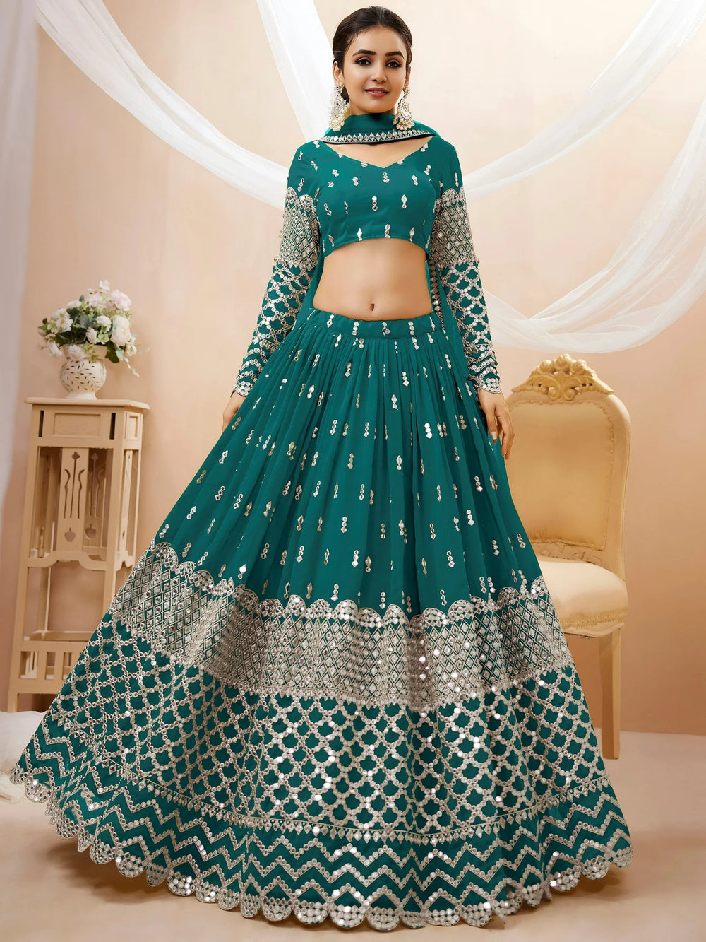Teal Blue Zari Work Georgette Wedding Lehenga Choli for Women