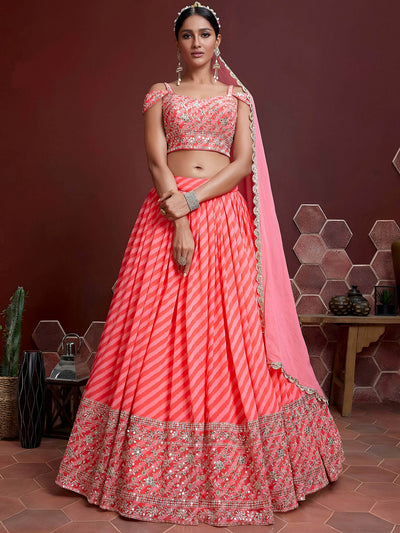 Pink Sequins Embroidered Organza Bridesmaid Lehenga Choli for Women