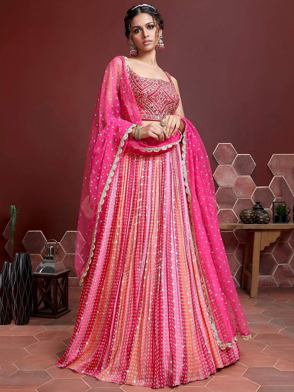 Admire Pink Chinon Mirror with Embroidered Wedding Wear Lehenga Choli