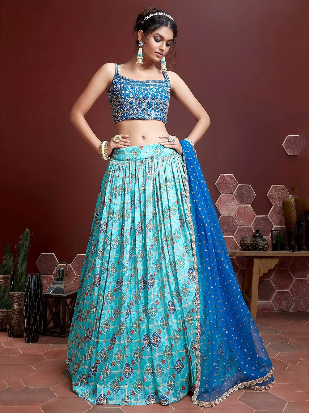 Sky Blue Chinon Digital Print Mirror Party Lehenga Choli for Women