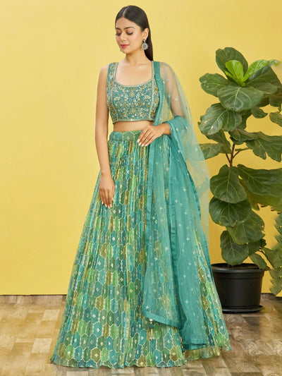 Rocking Green Mirror Work Organza Mehendi Lehenga Choli for Women
