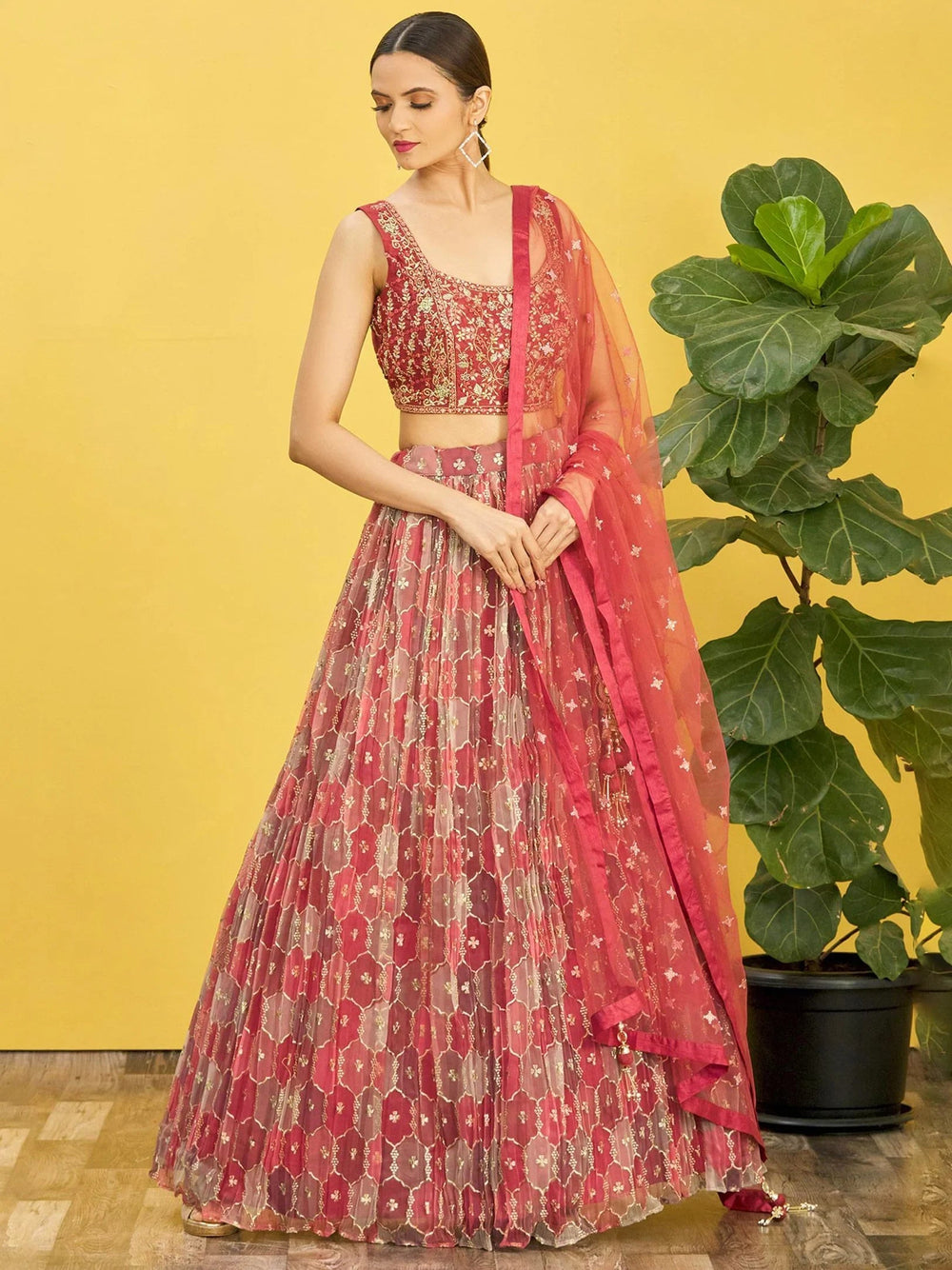 Elegance Brown Mirror Work Organza Festival Lehenga Choli for Ladies