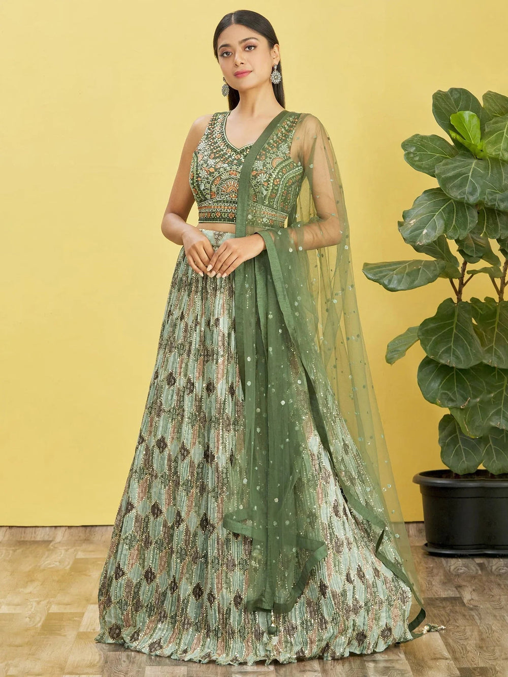 Green Embroidered Chinon Mehendi Lehenga Choli Ethnic Collection