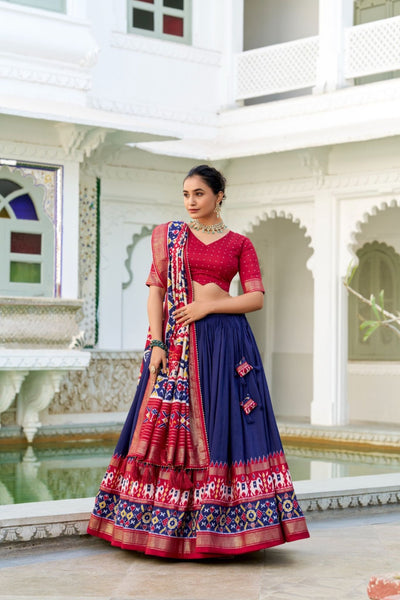 Navy Blue Tussar Silk Patola Printed With Foil Work Lehenga Choli