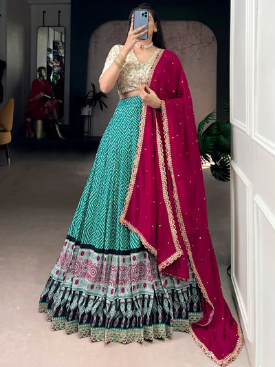 Green Rayon Bandhani Printed Wedding Lehenga Choli for Women