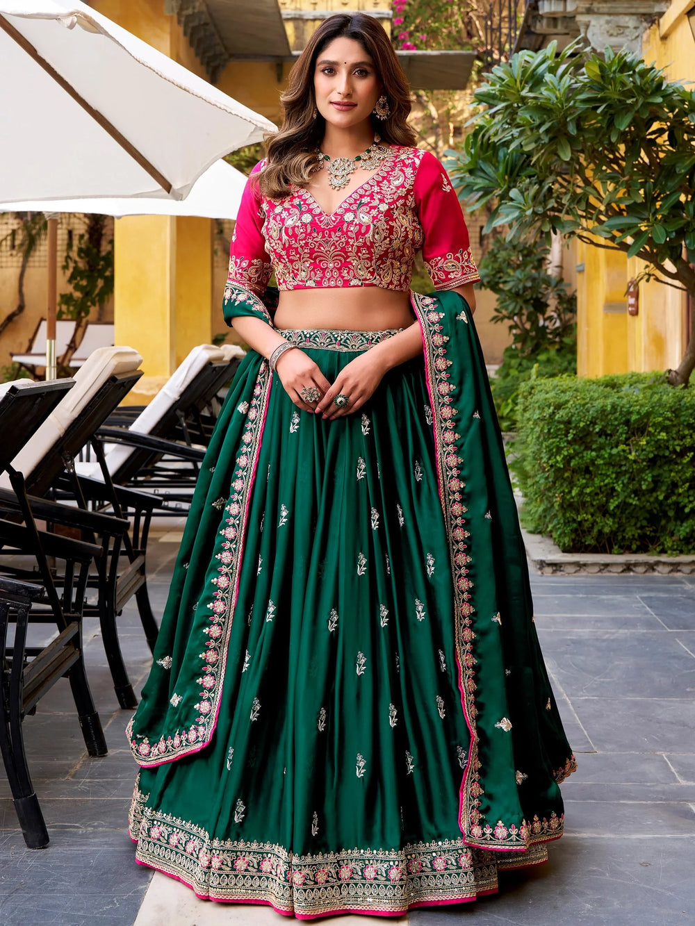 Green Silk Embroidered Wedding Wear Lehenga Choli for Women