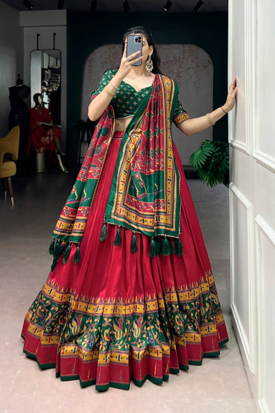 Red Printed Tasar Silk Festive Lehenga Choli for Women