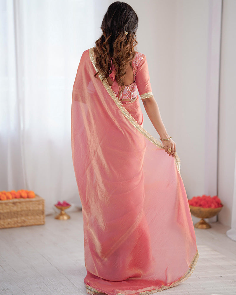 Baby Pink Fendi Silk Pre Draped Saree