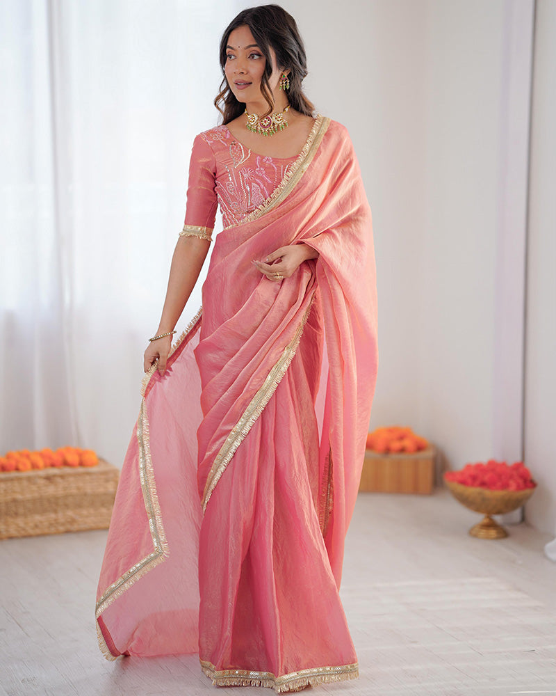 Baby Pink Fendi Silk Pre Draped Saree