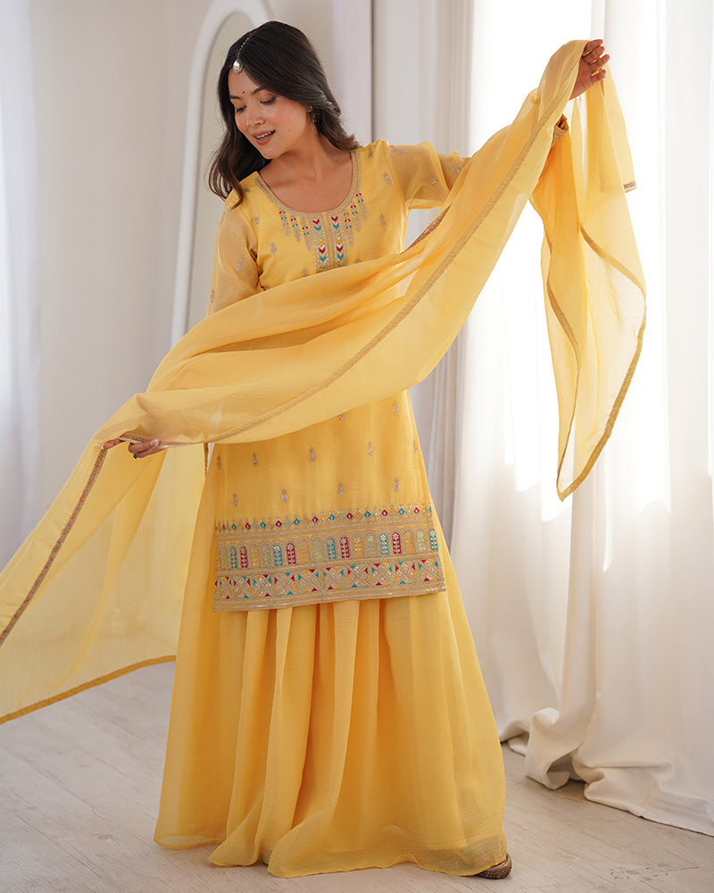 Yellow Crunchy Silk Embroidered Festive Palazzo Suit for Women