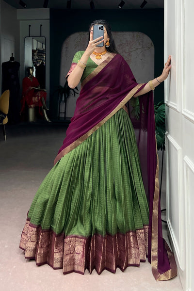 Mehndi Zari Weaving Embroidered Festive Lehenga Choli for Women