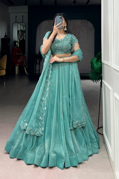 Sea Green Beads Thread Embroidered Wedding Lehenga Choli for Women
