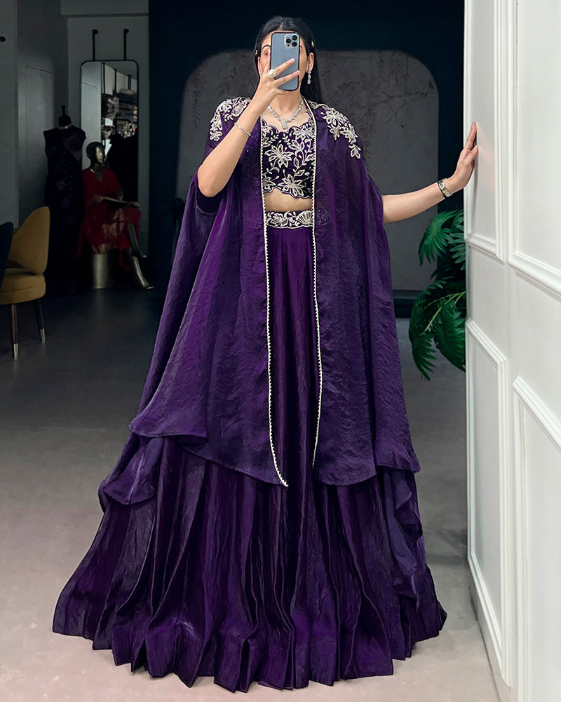 Purple Fendi Silk Embroidered Wedding Lehenga Choli for Women