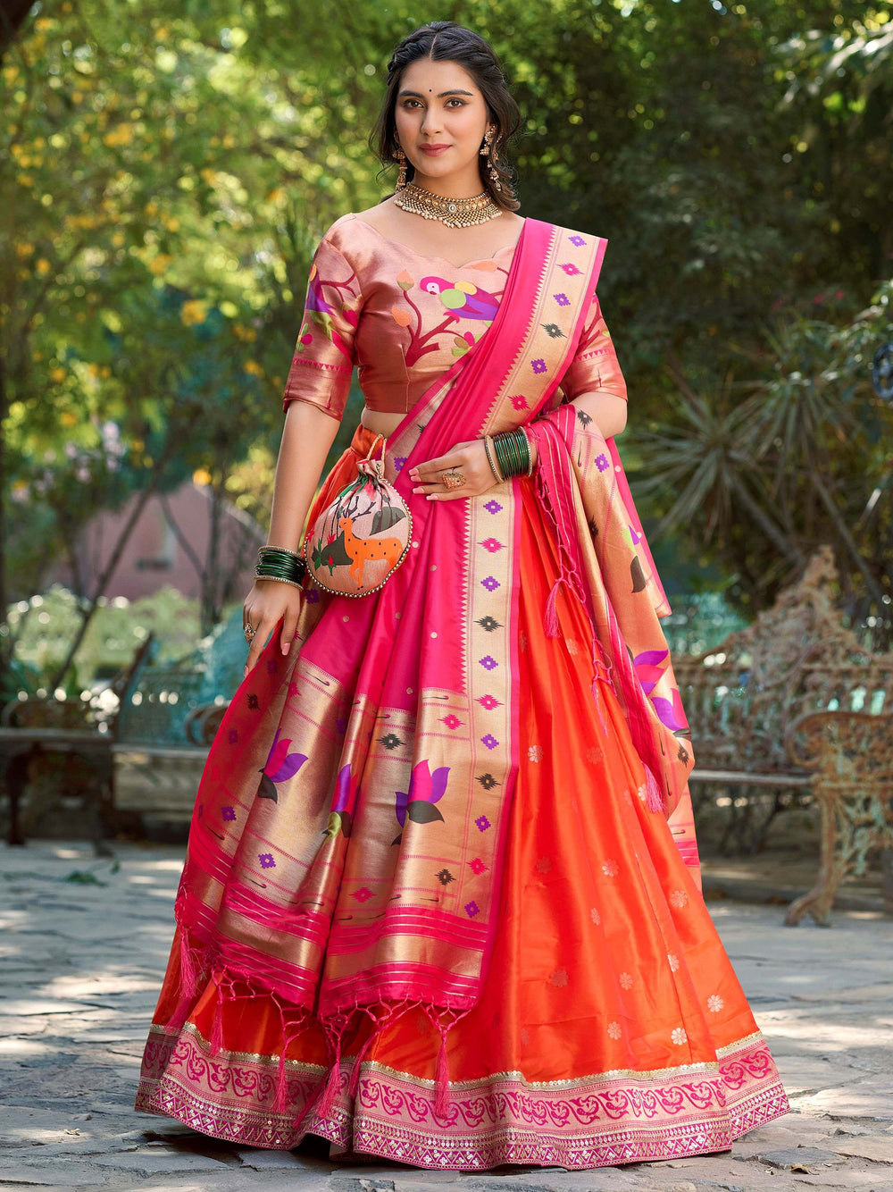 Orange Jacquard Silk Festival Wear Lehenga Choli With Dupatta