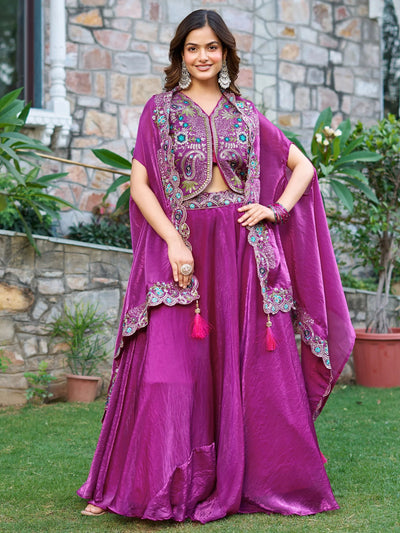 Purple Sequins Embroidered Silk Festive Wear Lehenga Choli for Women