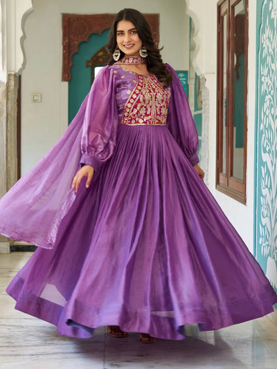 Purple Elegant Embroidered Silk Festive Wear Gown With Dupatta for Women
