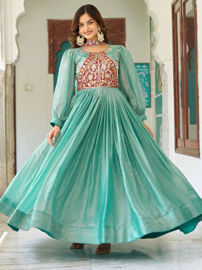 Green Elegant Embroidered Silk Festive Wear Gown With Dupatta for Women