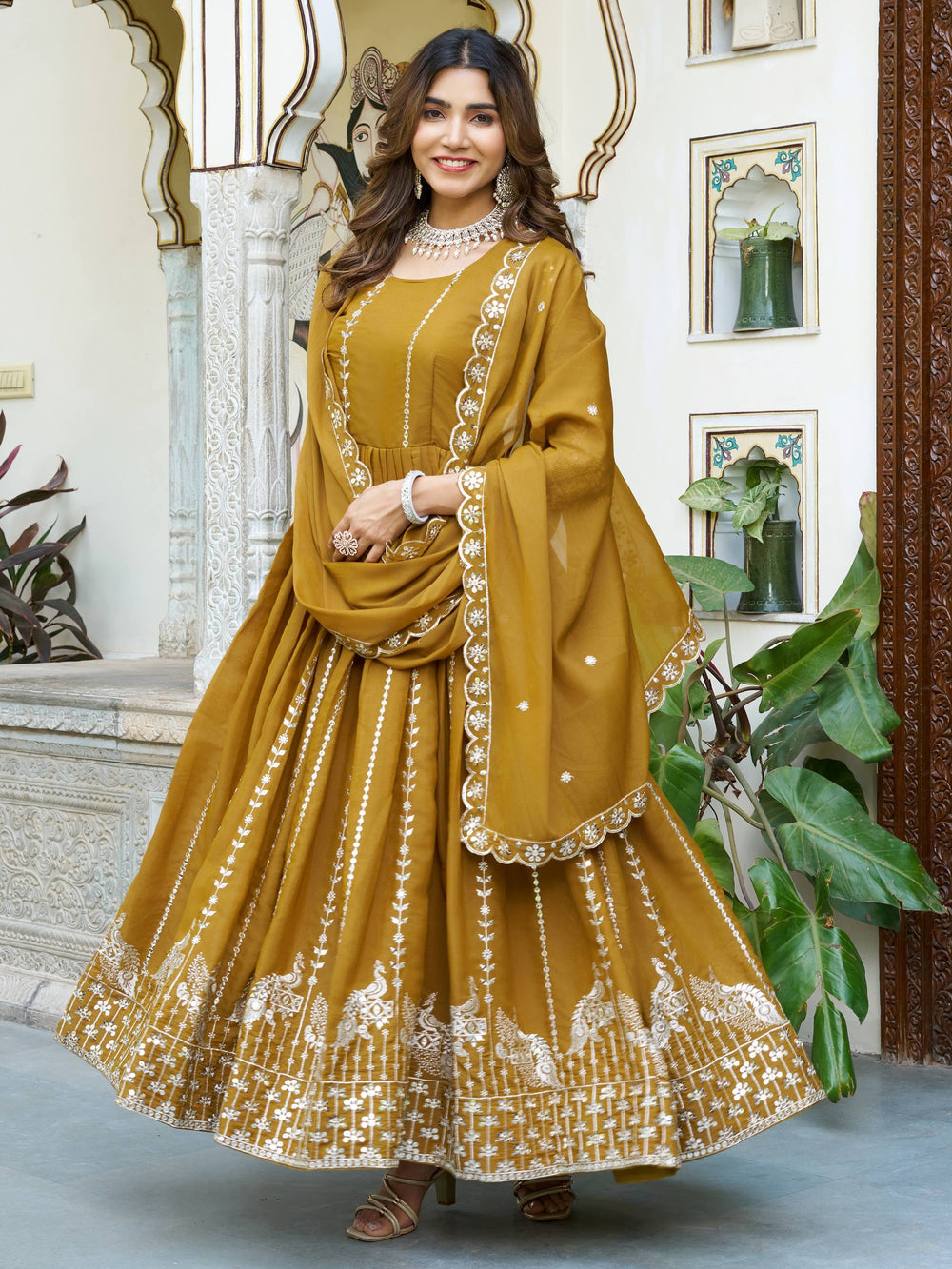Yellow Radiant Sequins Georgette Wedding Wear Gown With Dupatta for Women