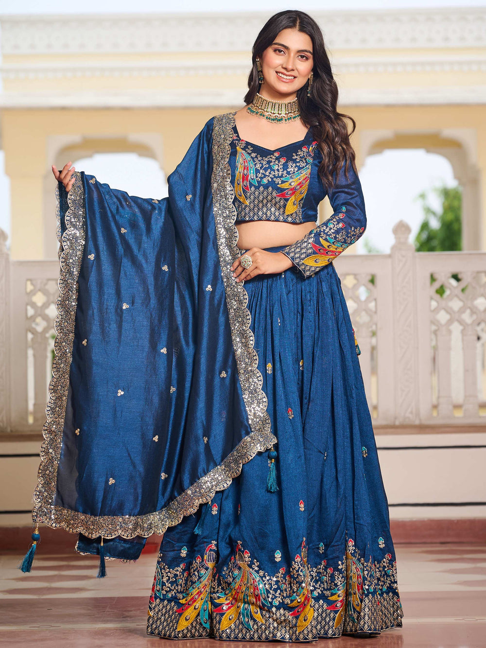 Blue Divine Silk Thread Embroidered Lehenga Choli With Dupatta for Women