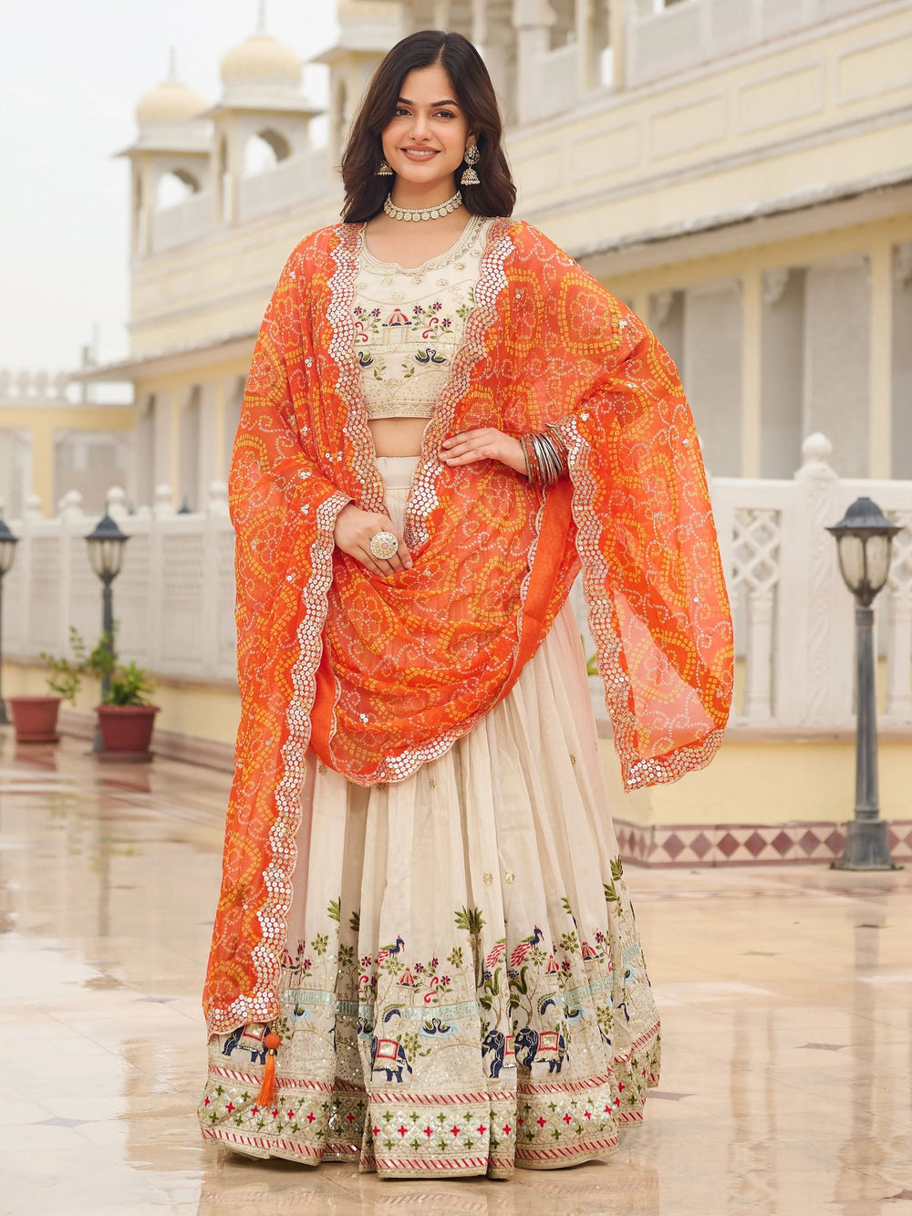 Off-White Sequnis Silk Lehenga Choli With Orange Dupatta for Women