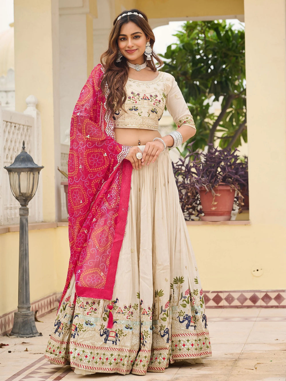 Off-White Sequnis Silk Lehenga Choli With Pink Dupatta for Women