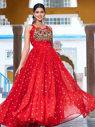 Red Georgette Leheriya Print Festival Wear Gown for Women