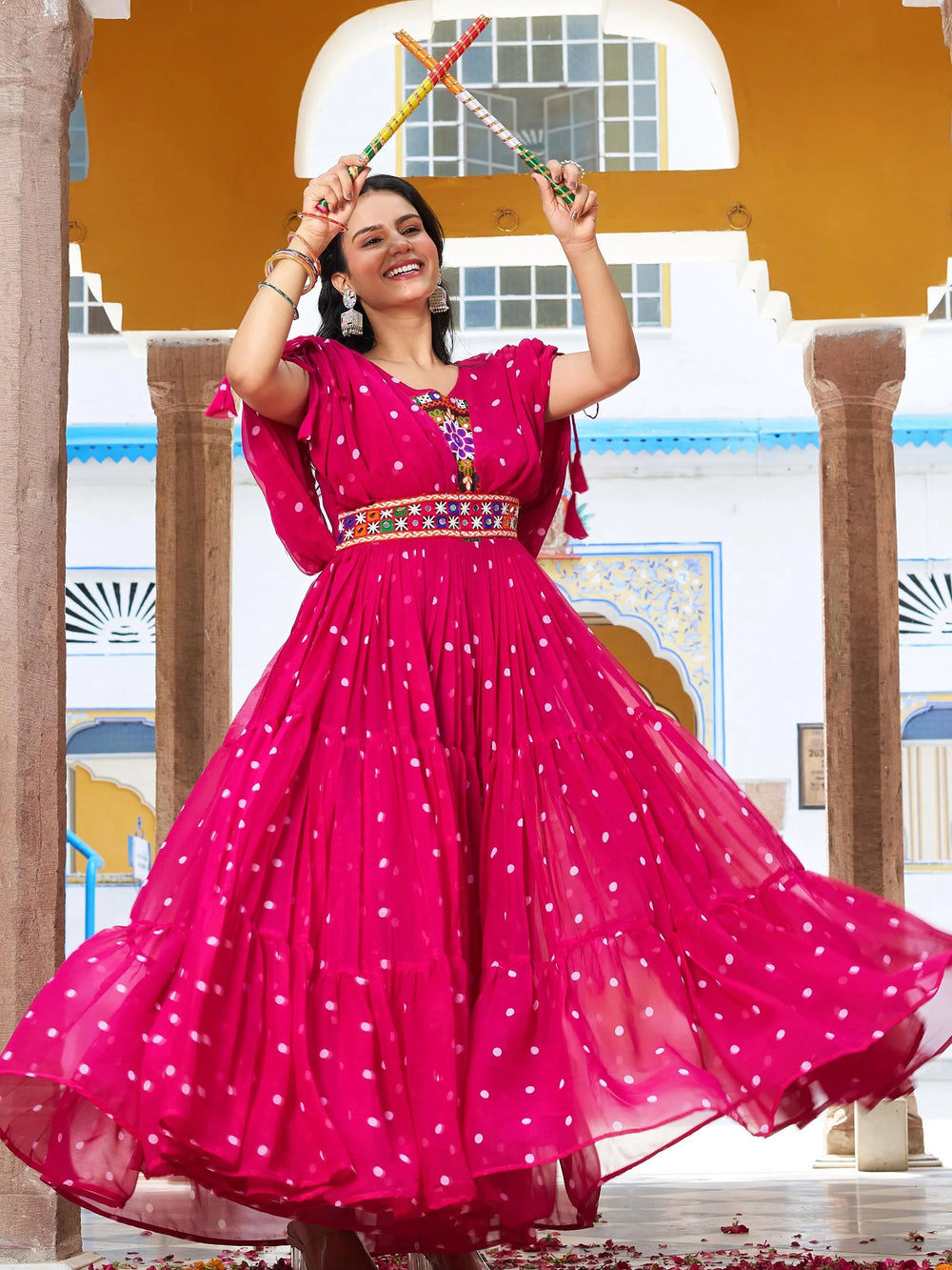Pink Georgette Leheriya Print Festival Wear Gown for Women