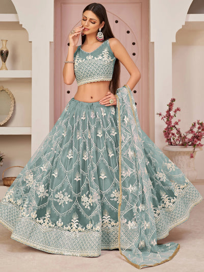 Blue Splendid Thread Embroidered Net Lehenga Choli for Women