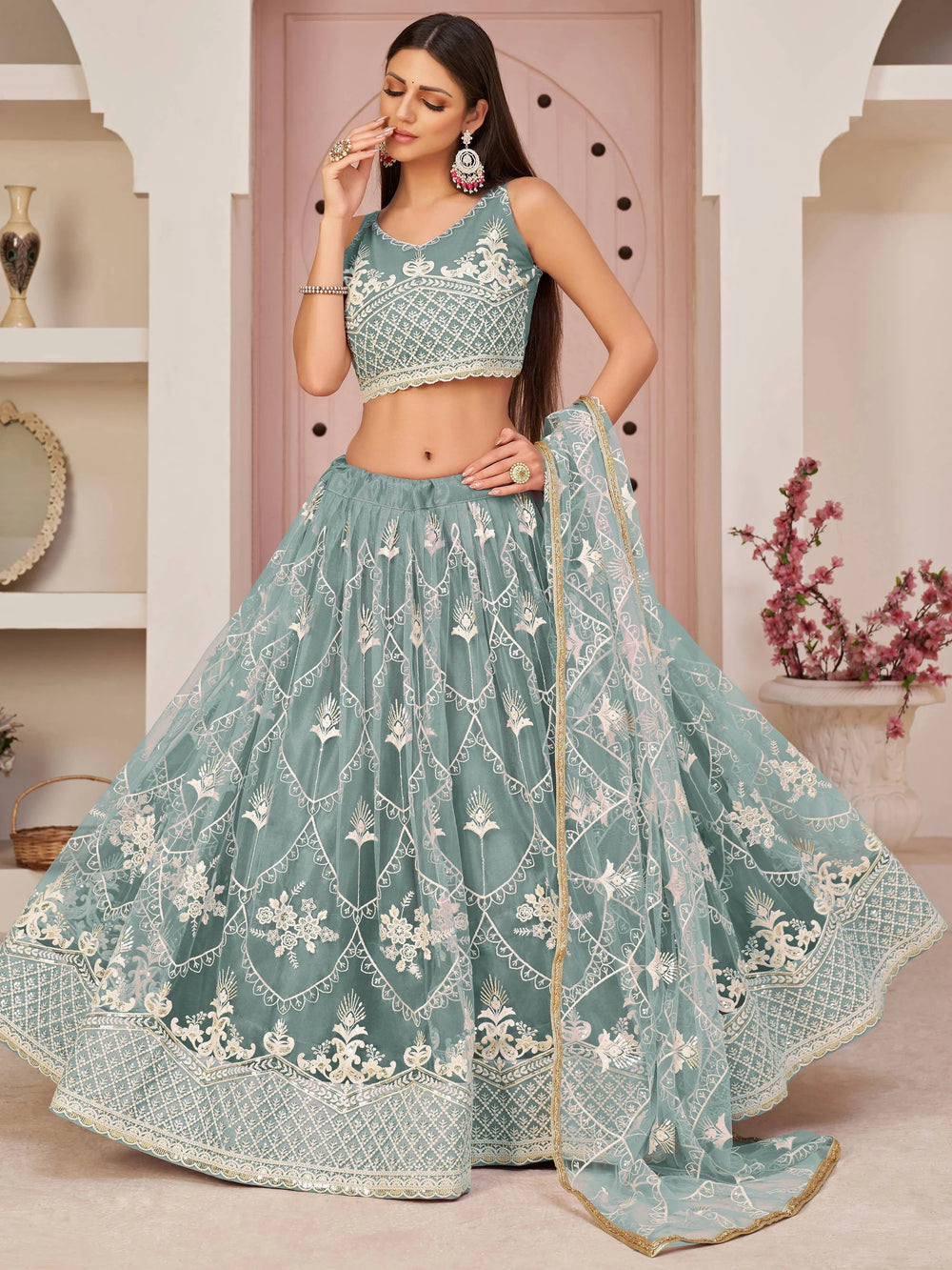 Blue Splendid Thread Embroidered Net Lehenga Choli for Women