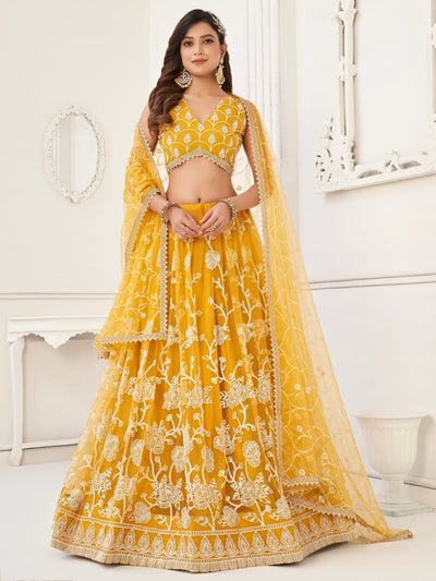 Mustard Appealing Embroidered Net Haldi Wear Lehenga Choli for Women