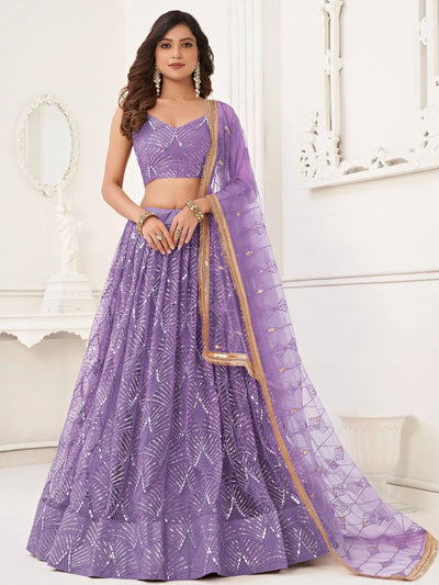 Lavender Incredible Thread Work Net Designer Lehenga Choli for Women