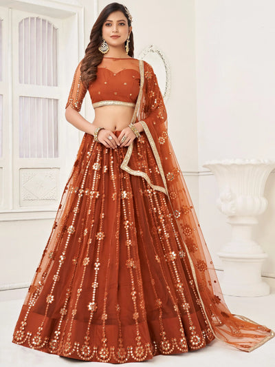 Brown Mirror Work Net Party Wear Lehenga Choli With Dupatta for Women