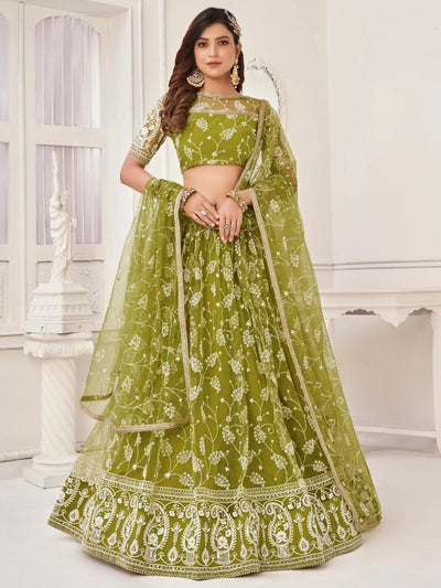 Olive Green Embroidered Net Mhendi Wear Lehenga Choli for Women