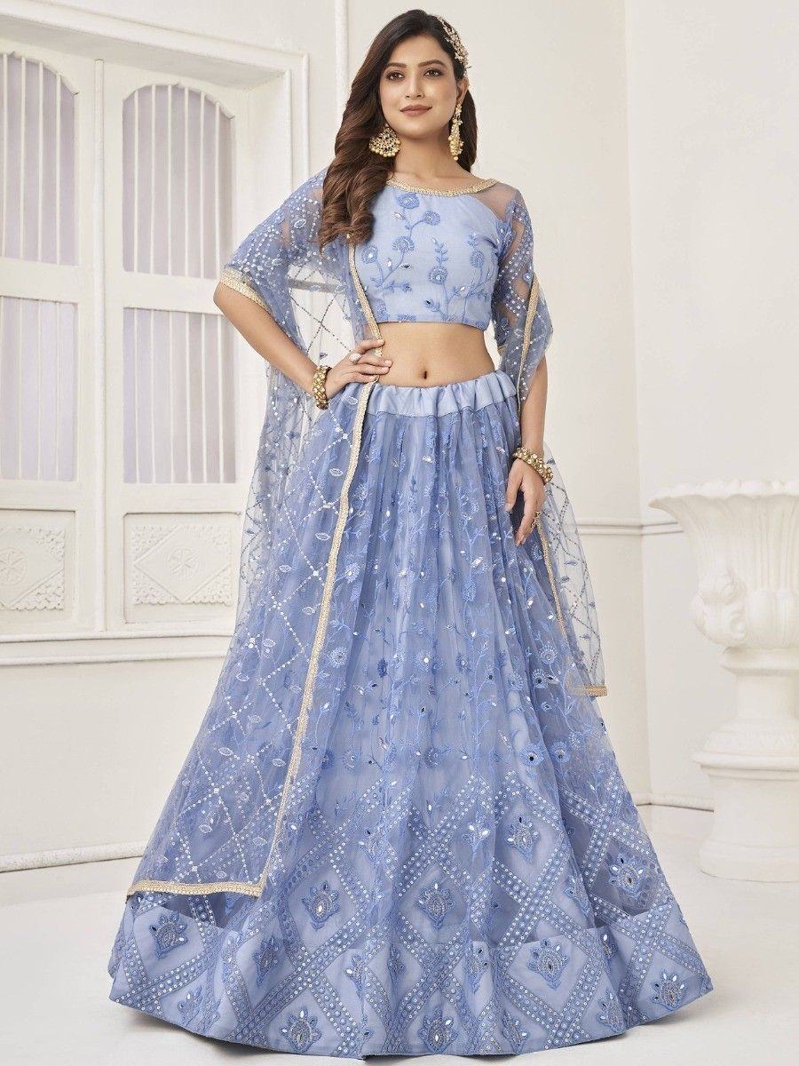 Light Blue Embroidered Net Engagement Wear Lehenga Choli for Women