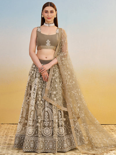 Brown Net Thread Embroidered Reception Wear Lehenga Choli for Women