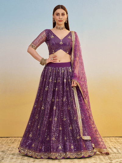 Rich Purple Net Embroidered Engagement Wear Lehenga Choli With Dupatta for Women