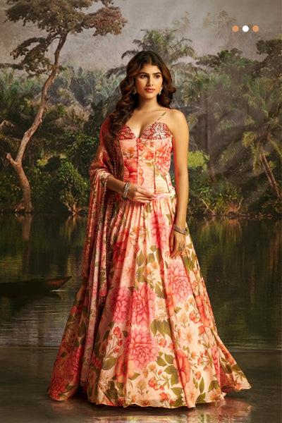 Peach Floral Handwork Corset Lehenga Choli for Women