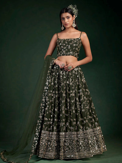 Desirable Olive Green Sequins Embroidered Georgette Event Wear Lehenga Choli
