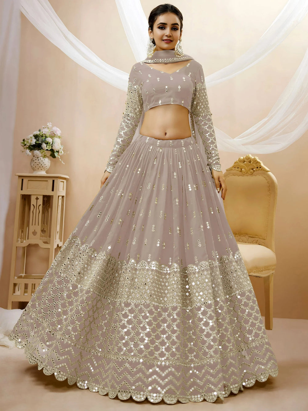 Magnetic Grey Zari Work Georgette Reception Lehenga Choli for Women
