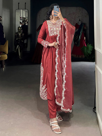 Orange Cotton Thread Embroidered Festive Salwar Kameez for Women