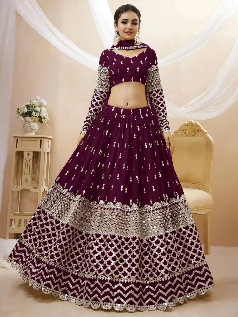 Wine Sequins Georgette Sangeet Lehenga Choli for Women