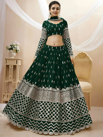 Capricious Dark Green Sequins Work Georgette Wedding Wear Lehenga Choli