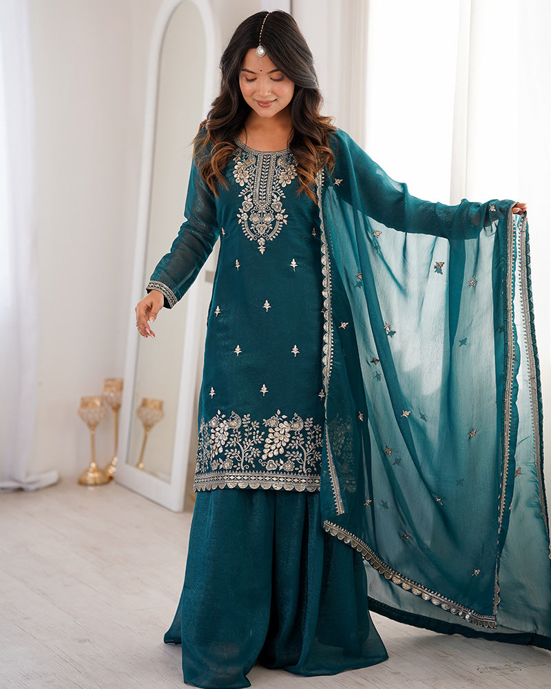Teal Blue Crunchy Silk Embroidered Palazzo Suit for Women
