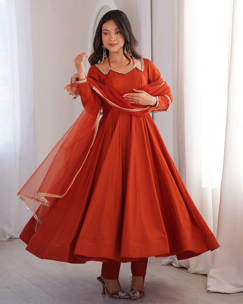 Rust Refined Chanderi Roman Silk Anarkali Suit for Women