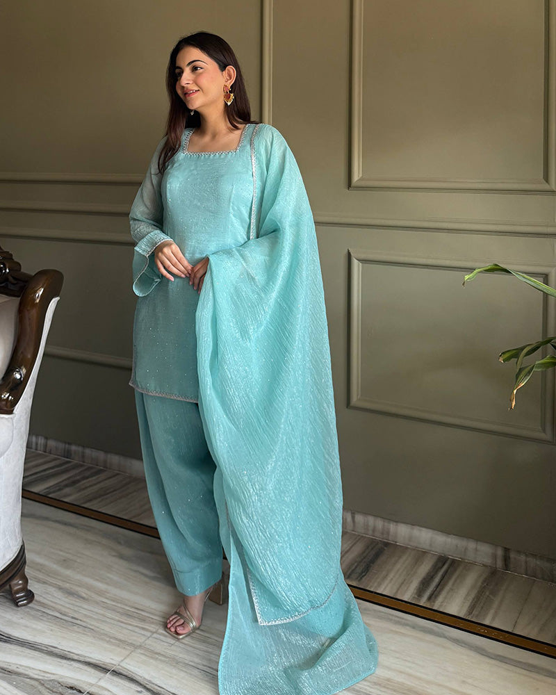 Sky Blue Crunchy Silk Farshi Palazzo Suit for Women