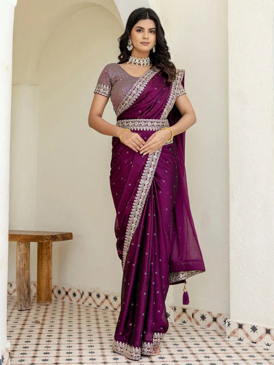 Wine Silk Sequins Work Reception Wear Saree With Blouse