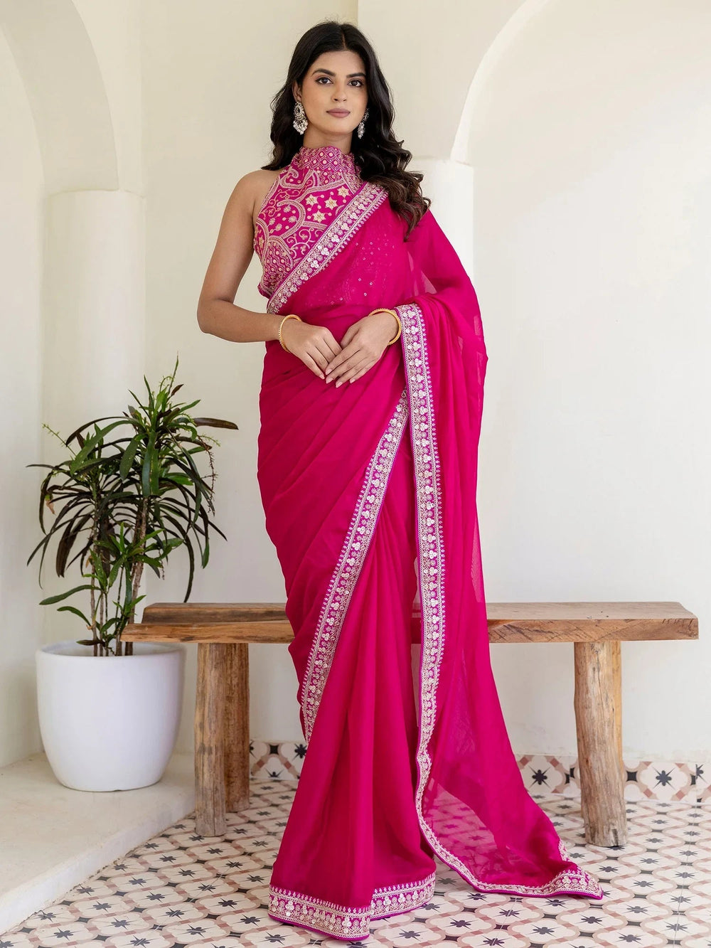 Rani Pink Silk Sequins Embroidered Party Wear Saree