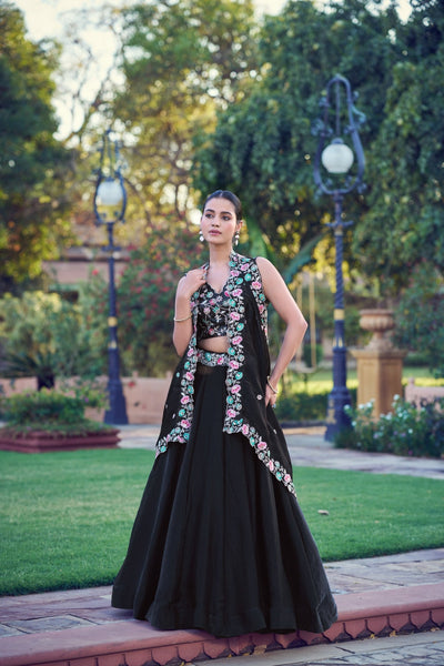Black Fendi Embroidery Sequins Worked Lehenga Choli Set - Zimonza